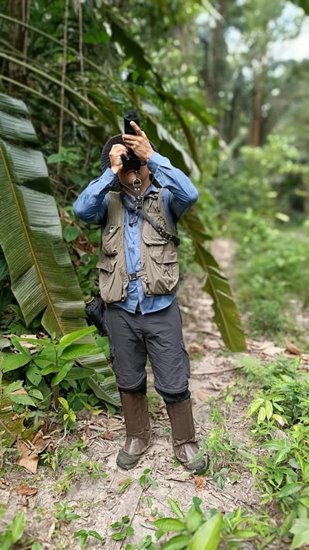 Un guardián del bosque fotografía la copa de los árboles desde un sendero